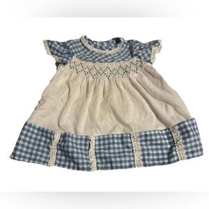 Vintage Polly Flinders Hand Smocked Dress Baby Blue Gingham Lace Size 24 Months